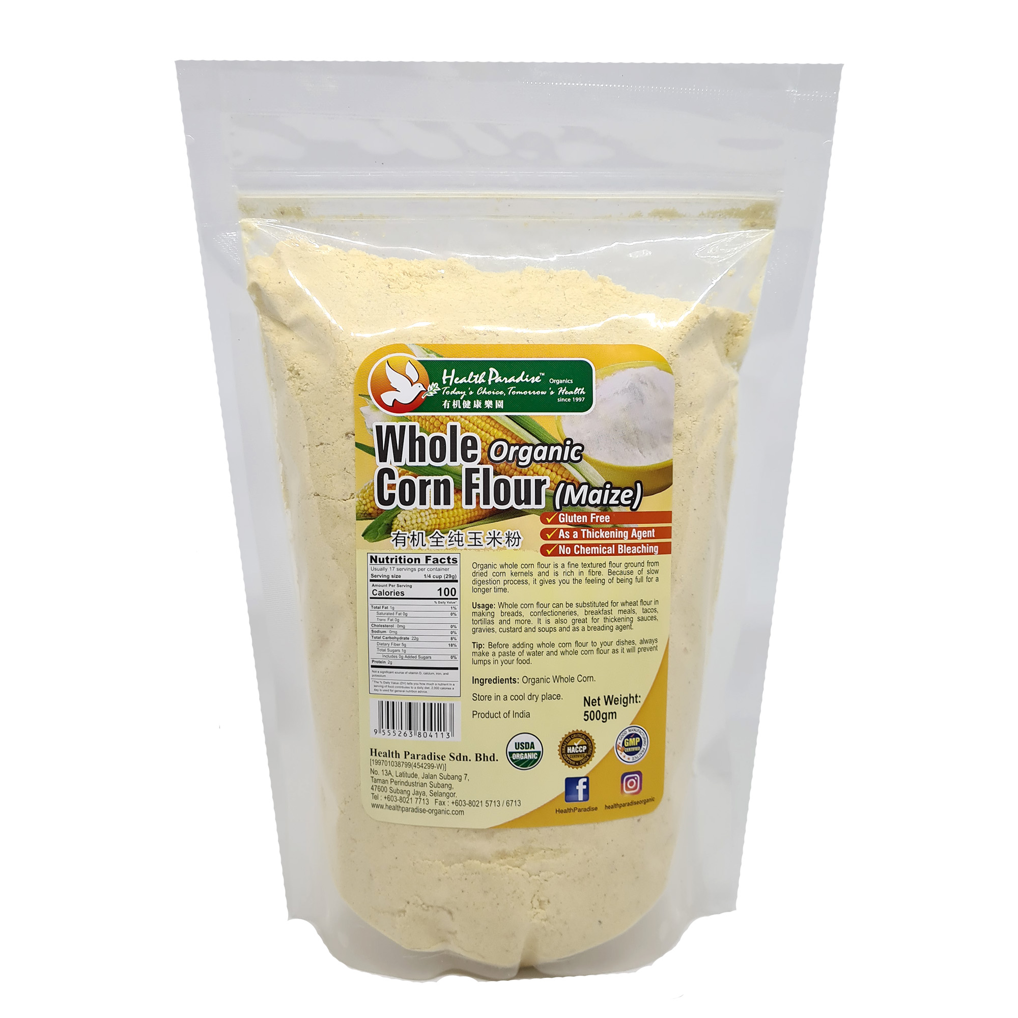 Health Paradise Organic Whole Corn Flour (Maize) 500g